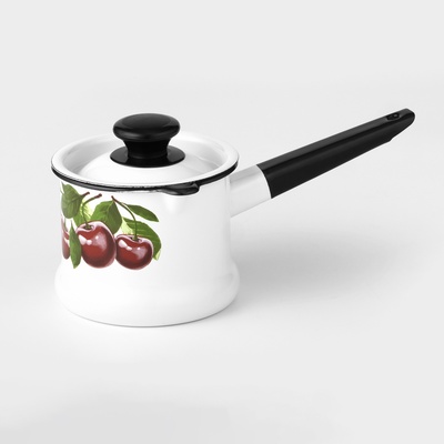 Ковш эмалированный «Вишнёвый сад», 1 л, с крышкой, металлическая ручка, белый