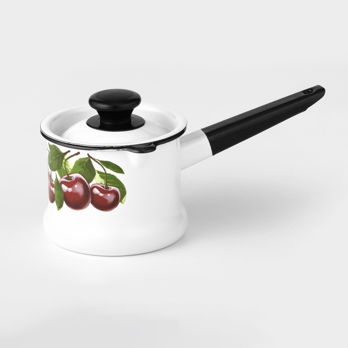 Ковш эмалированный «Вишнёвый сад», 1 л, с крышкой, металлическая ручка, белый - Фото 1