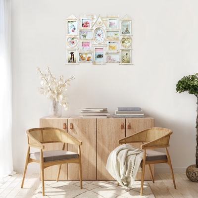 Фоторамка-коллаж на 15 фото с часами настенными «Дом», бесшумные, 54.5×74 см