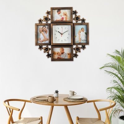 Фоторамка-коллаж на 4 фото 10×15 см с часами настенными бесшумными (14×14 см) «Цветы», 42×42 см