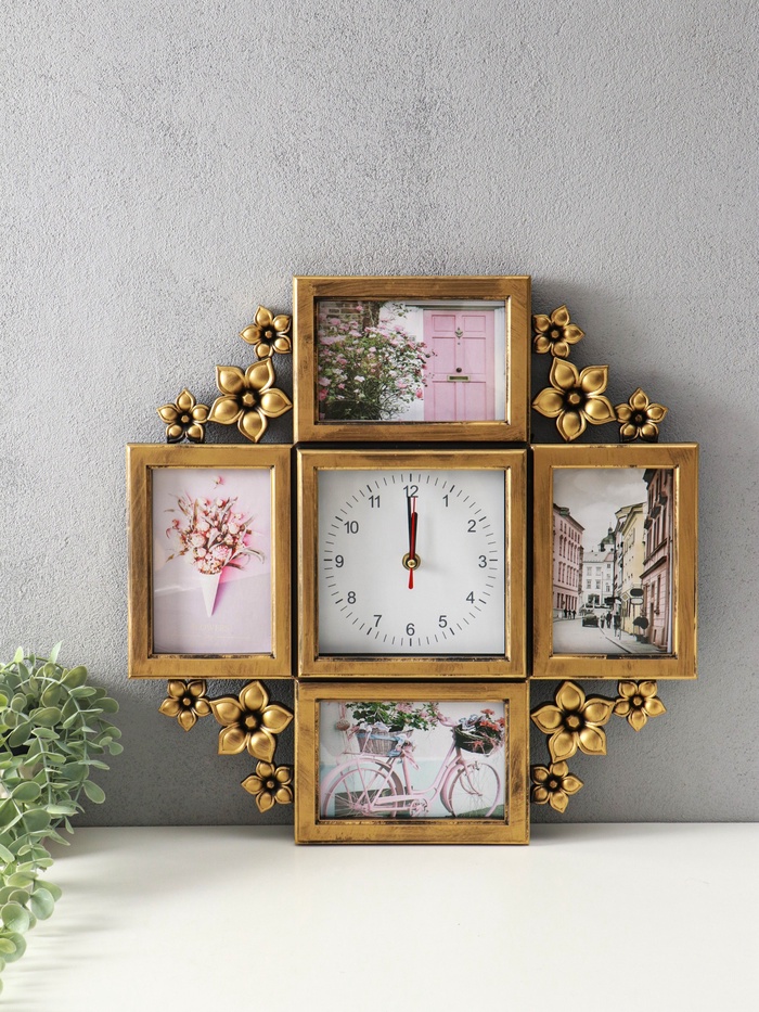 Фоторамка - коллаж на 4 фото 10×15 см с часами настенными бесшумными (14×14 см) «Цветы», 42×42 см - Фото 1