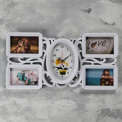 Фоторамка-коллаж на 4 фото с часами настенными «Аннет», бесшумные, 26×51 см, d=15×21 см