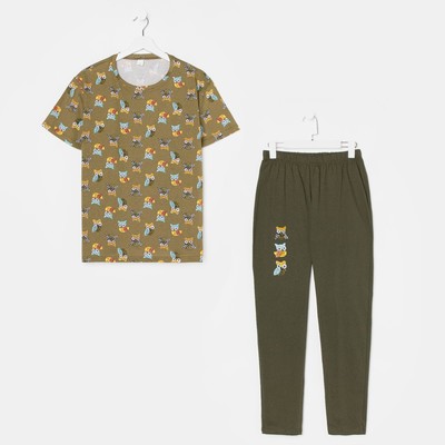 Комплект (футболка, брюки) женский, цвет хаки/совята, размер 50