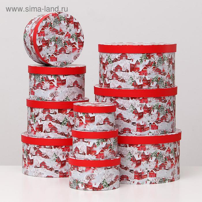 Набор коробок 10 в 1 круглый "Снежная деревня" 35 x 18 - 15,5 x 8,5 см - Фото 1