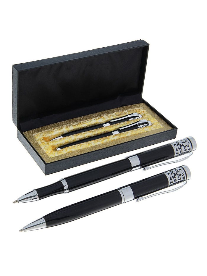 Набор подарочных ручек Calligrata «Гравюра», 2 штуки (капиллярная и шариковая), в футляре кожзам, корпус чёрный - Фото 1