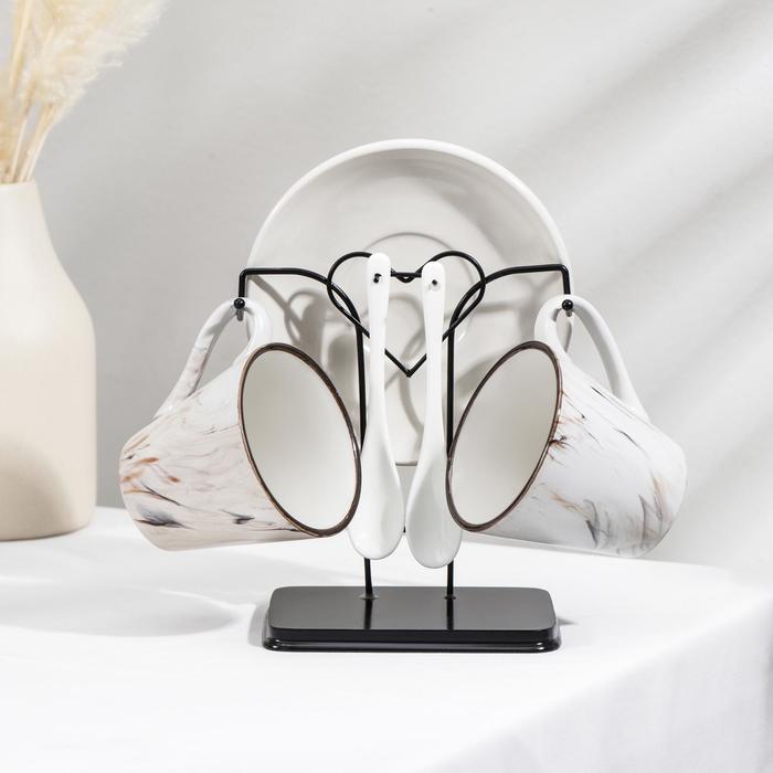 Набор чайный керамический на металлической подставке «Мрамор», 6 предметов: 2 чашки 200 мл, 2 блюдца d=14 см, 2 ложки - Фото 1