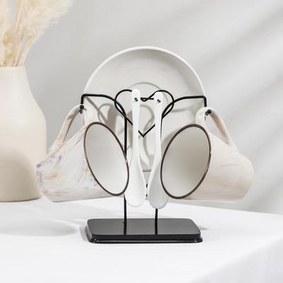 Набор чайный керамический на металлической подставке «Мрамор», 6 предметов: 2 чашки 200 мл, 2 блюдца d=14 см, 2 ложки