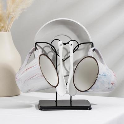 Набор чайный керамический на металлической подставке «Мрамор», 6 предметов: 2 чашки 200 мл, 2 блюдца d=14 см, 2 ложки