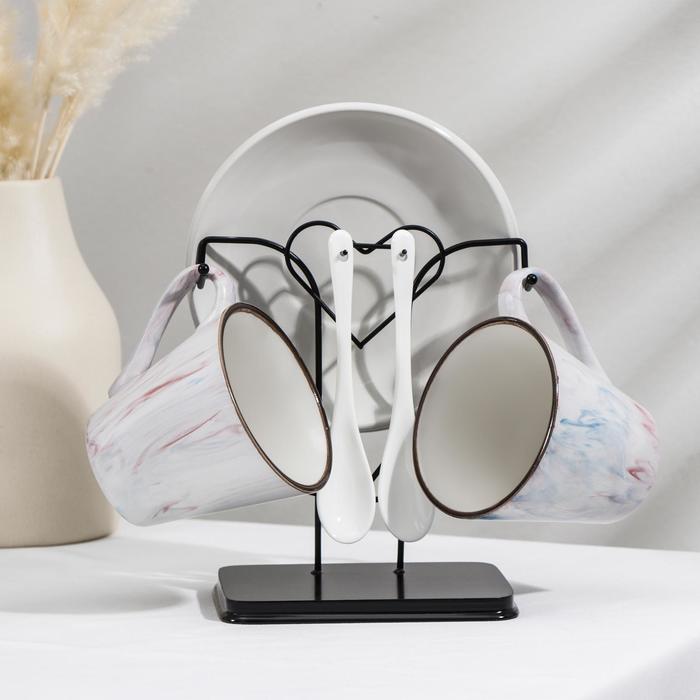 Набор чайный керамический на металлической подставке «Мрамор», 6 предметов: 2 чашки 200 мл, 2 блюдца d=14 см, 2 ложки - Фото 1