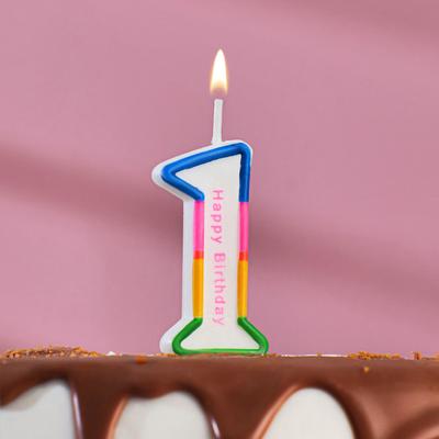 Свеча для торта цифра "1" цветная полосочка, 7 см