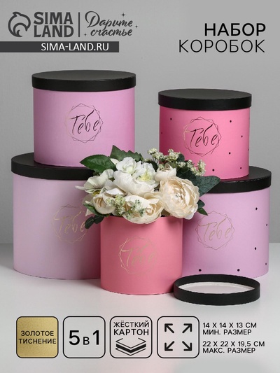 Набор коробок для цветов 5 в 1, упаковка подарочная, «Чёрно-розовые», 14×14×13 см - 22×22×19.5 см