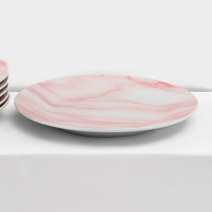 Набор керамической посуды Доляна «Мрамор», 24 предмета: тарелки d=19/21/24 см, чайная пара 200 мл, цвет розовый - фото 1908602431