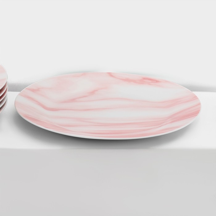 Набор керамической посуды Доляна «Мрамор», 24 предмета: тарелки d=19/21/24 см, чайная пара 200 мл, цвет розовый - фото 1908602436