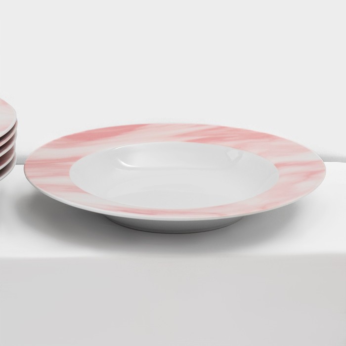 Набор керамической посуды Доляна «Мрамор», 24 предмета: тарелки d=19/21/24 см, чайная пара 200 мл, цвет розовый - фото 1908602438