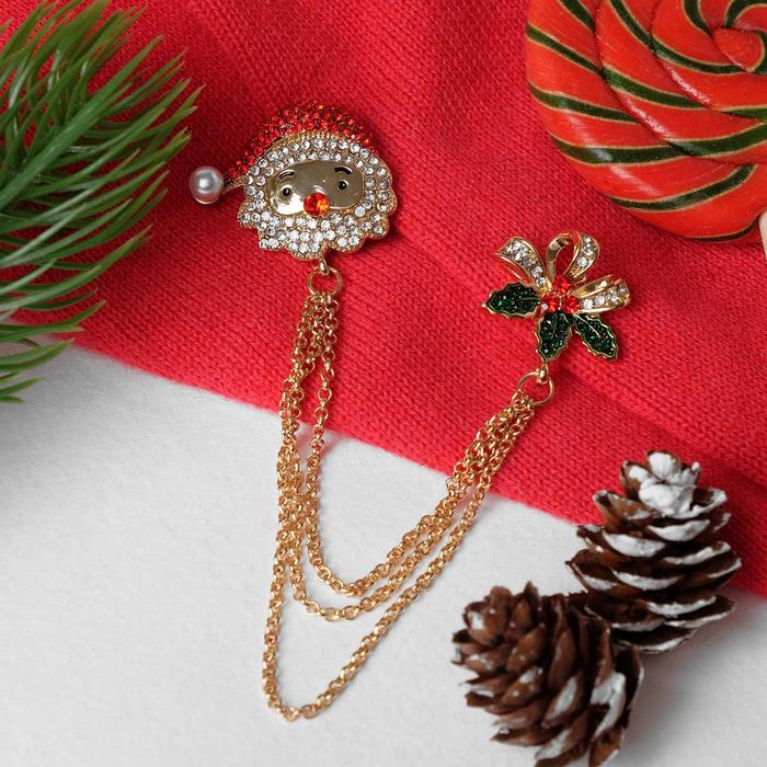 Брошь новогодняя «Дед Мороз» с остролистом, цвет МИКС - Фото 1