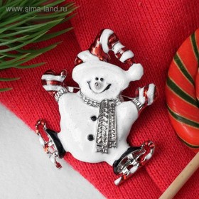 Брошь новогодняя "Снеговик" карамелька, цвет красно-белый в серебре