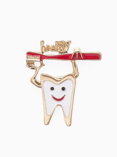 Брошь «Зуб» со щёткой, цвет красно-белый в золоте