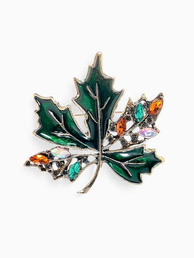 Брошь «Лист кленовый» стеклянный, зелёная в чернёном золоте