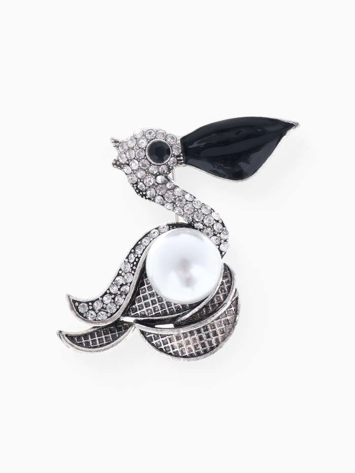 Брошь «Пеликан» с жемчужиной, цвет чёрно-белый в чернёном серебре - Фото 1