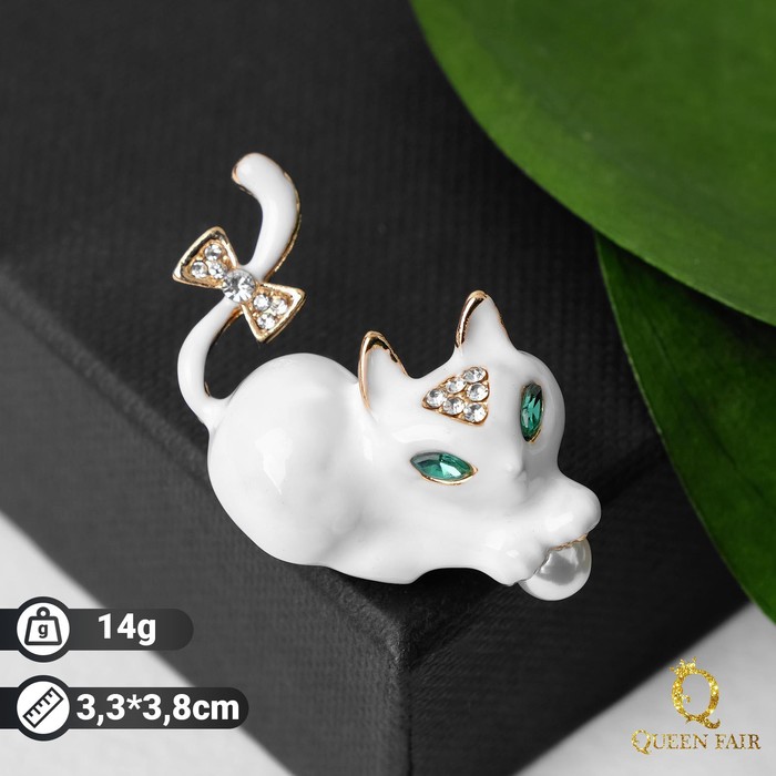 Брошь «Котёночек», белая в золоте - Фото 1