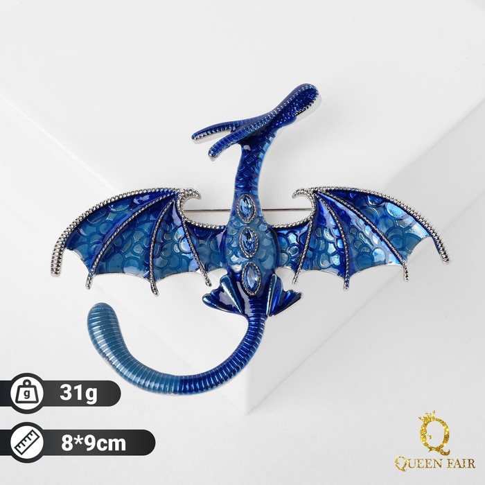 Брошь «Дракон» летящий, цвет синий в серебре - Фото 1