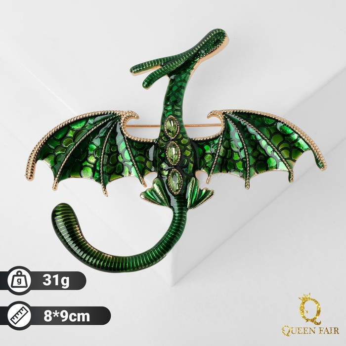 Брошь «Дракон» летящий, цвет зелёный в золоте - Фото 1