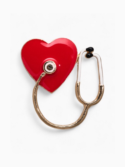 Брошь «Стетоскоп» с сердцем, цветная в золоте