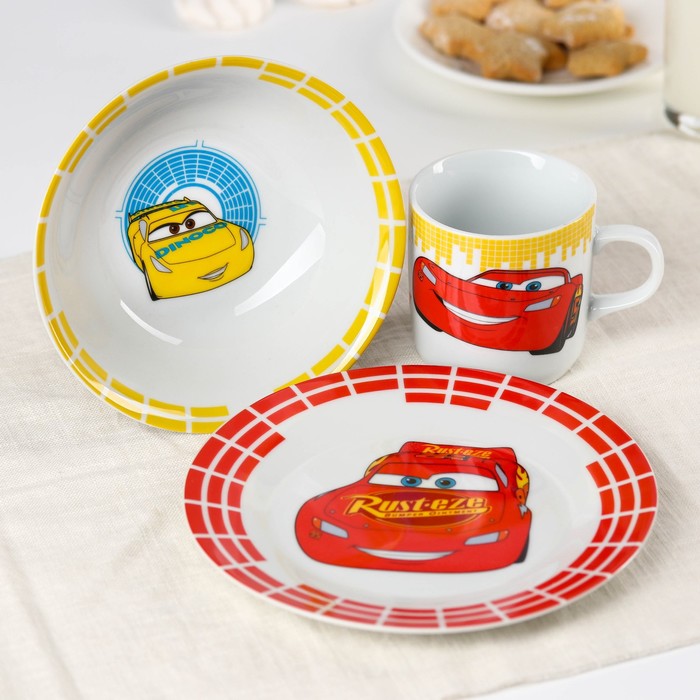 Набор посуды, 3 предмета: тарелка Ø 16,5 см, миска Ø 14 см, кружка 200 мл, Тачки - фото 1908602660