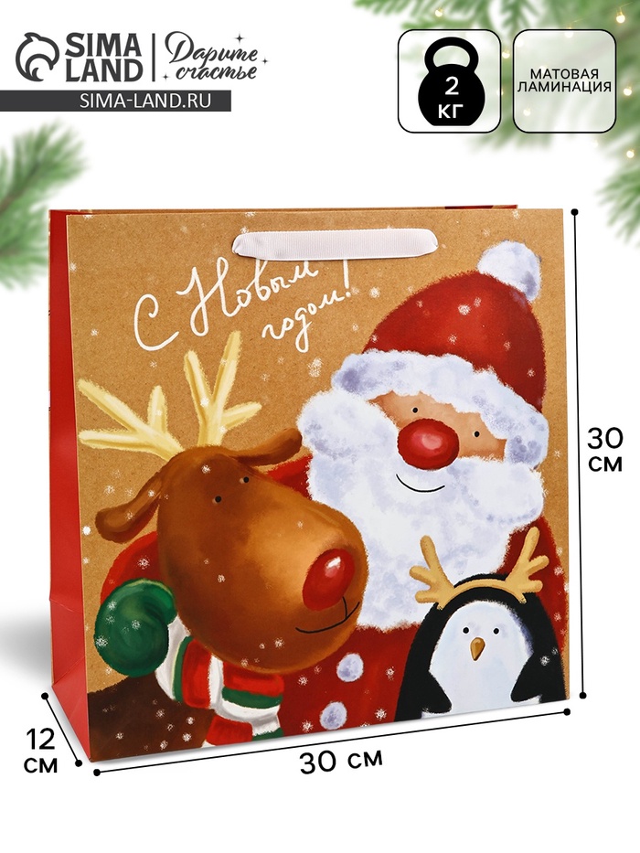 Пакет подарочный новогодний ламинированный квадратный «Весёлая компания», 30×30×12 см