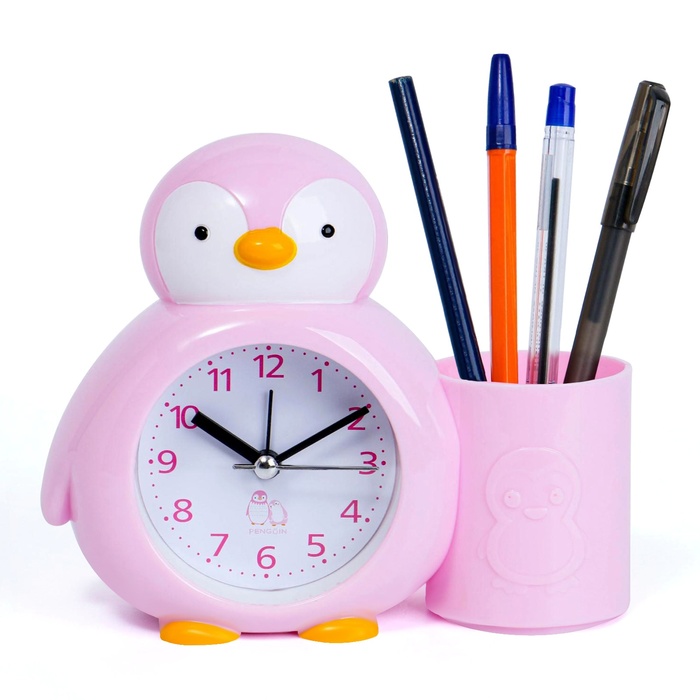 Будильник "Пингвинёнок", с карандашницей, дискретный ход, d-6 см, 12 х 14.5 см, розовый - Фото 1
