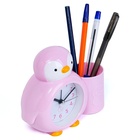 Будильник "Пингвинёнок", с карандашницей, дискретный ход, d-6 см, 12 х 14.5 см, розовый - Фото 2