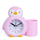 Будильник "Пингвинёнок", с карандашницей, дискретный ход, d-6 см, 12 х 14.5 см, розовый - Фото 5