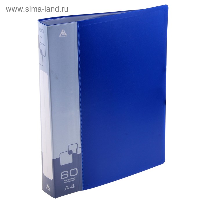 Папка с 60 прозрачными вкладышами А4, 700мкм, торцевой карман с бумажной вставкой, синяя - Фото 1