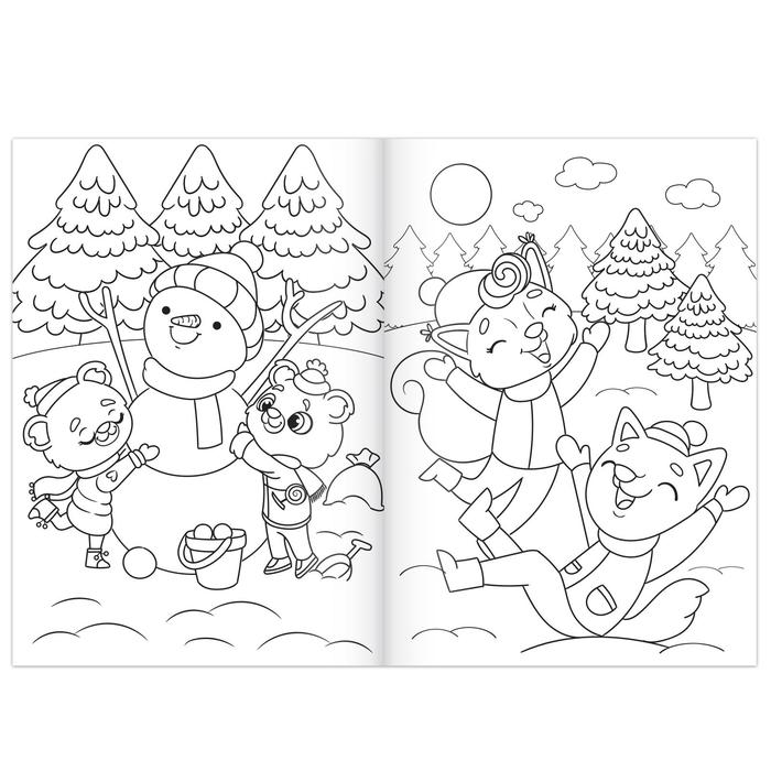 Раскраска новогодняя А4 «Котёнок и снеговик», с цветным фоном, 12 стр.