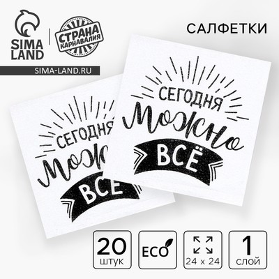 Салфетки бумажные «Сегодня можно всё», однослойные, 24×24 см, набор 20 шт.