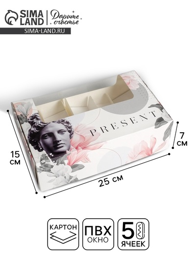 Коробка для эклеров, кондитерская упаковка, 5 вкладышей, Present, 25.2×15×7 см