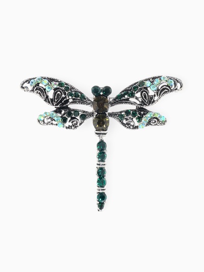 Брошь «Стрекоза ажурная», чёрный, зелёная в чернёном серебре