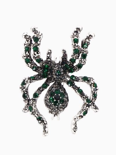 Брошь «Паук», цветочки, серо-зелёная в чернёном серебре
