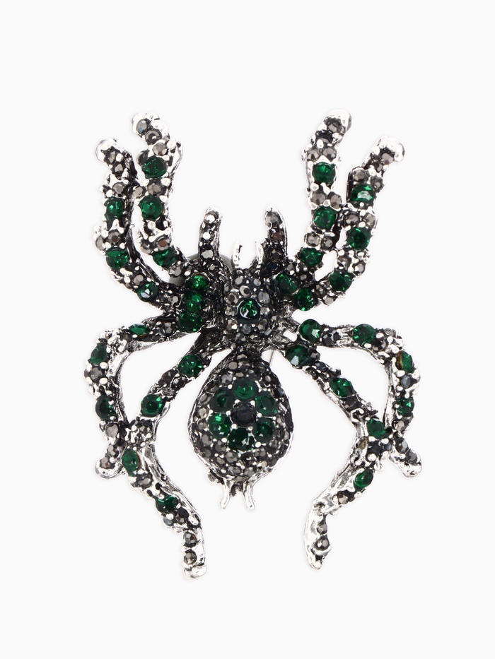 Брошь «Паук», цветочки, серо-зелёная в чернёном серебре - Фото 1