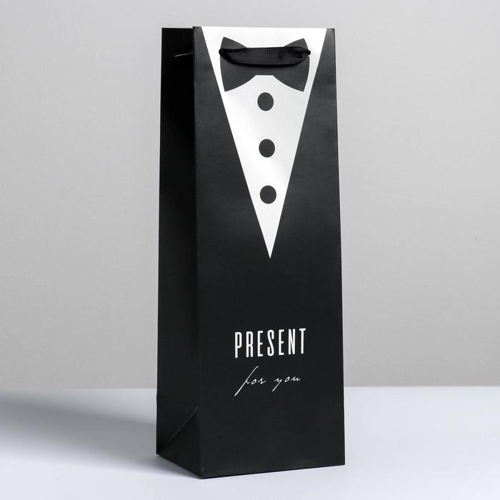 Пакет подарочный ламинированный под бутылку, упаковка, Present for man, 13 x 35 x 10 см
