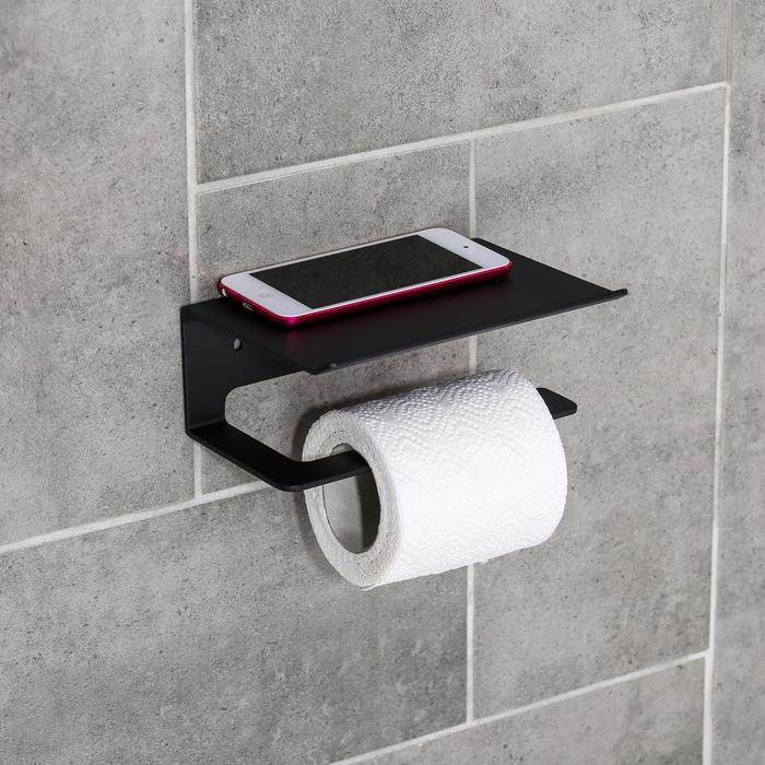 Держатель для туалетной бумаги с полочкой 6,5×16×11,5 см, цвет чёрный - фото 1901297612