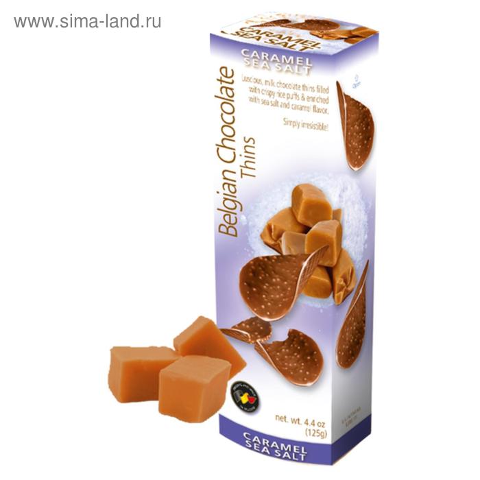 Шоколадные чипсы Belgian Chocolate Thins Caramel Sea Salt, 80 г - Фото 1