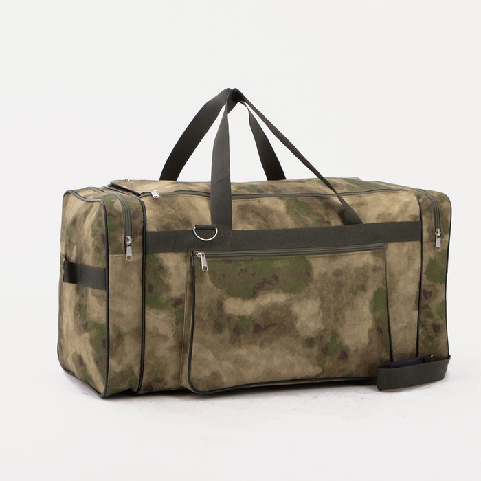 Сумка дорожная на молнии, 3 наружных кармана, длинный ремень, цвет камуфляж/хаки - Фото 1