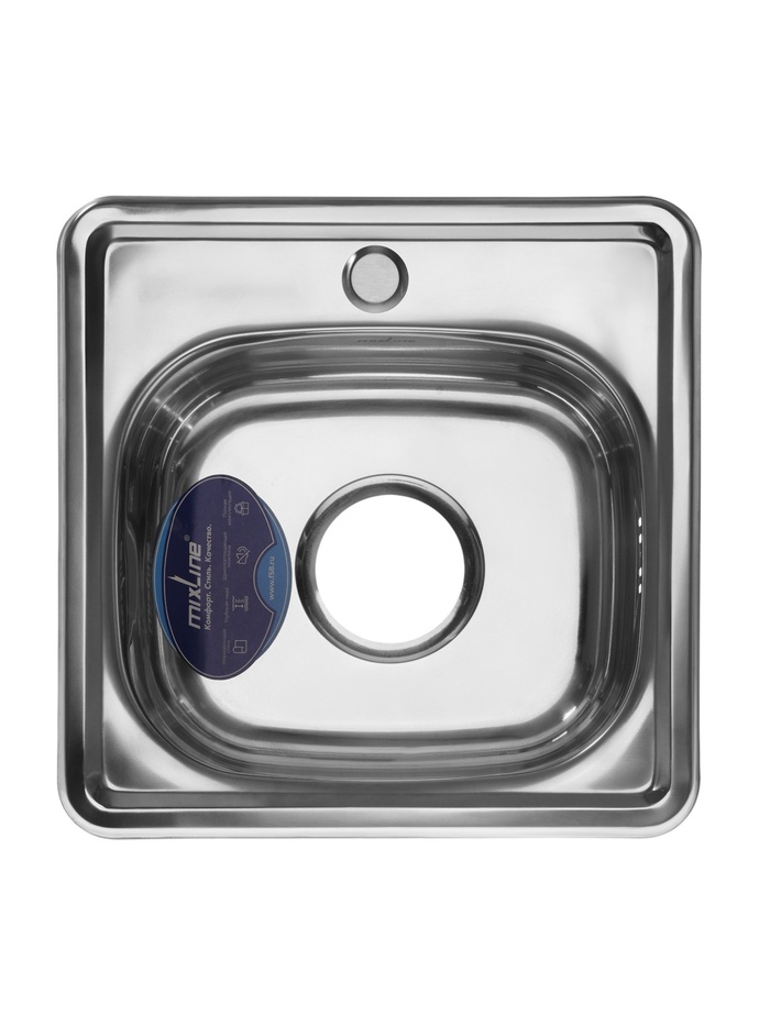 Мойка кухонная MIXLINE 531266, врезная, толщина 0.6 мм, 38×38×15 см, вып. 3 1/2", с сифоном - Фото 1