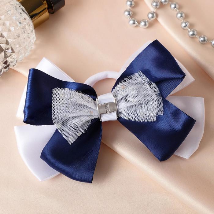 Резинка для волос «Школьница», бант пряжка, 12 см, бело-синяя - Фото 1