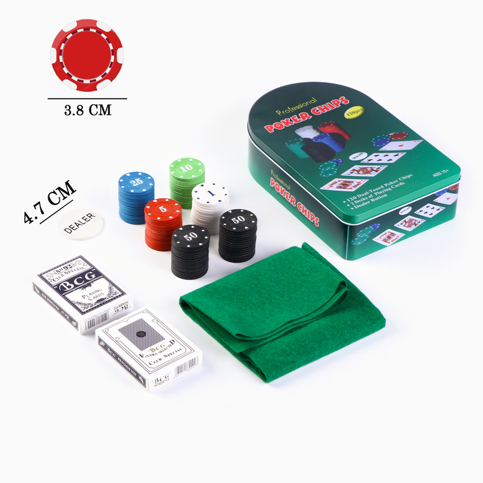Покер, набор для игры (карты 2 колоды, фишки 120 шт.), с номиналом, 57 х 40 см - Фото 1
