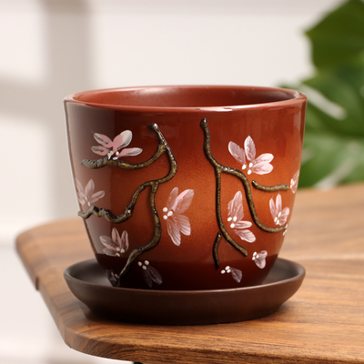 Горшок для цветов «Миндаль», керамический, с поддоном, 1 л, коричневый