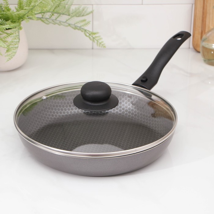 Сковорода Discovery, d=24 см, стеклянная крышка, съёмная ручка, антипригарное покрытие, цвет серый - Фото 1