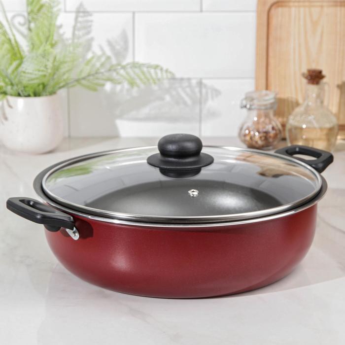 Жаровня-сковорода «Эксперт», 4 л, d=28 см, стеклянная крышка, антипригарное покрытие, цвет бордовый - Фото 1