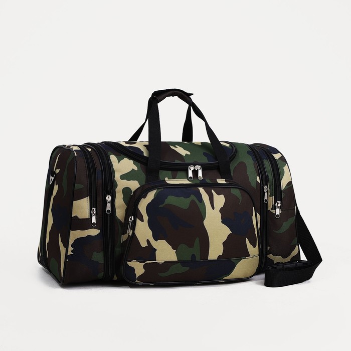 Сумка дорожная на молнии, с увеличением, 3 наружных кармана, длинный ремень, цвет камуфляж/коричневый - Фото 1